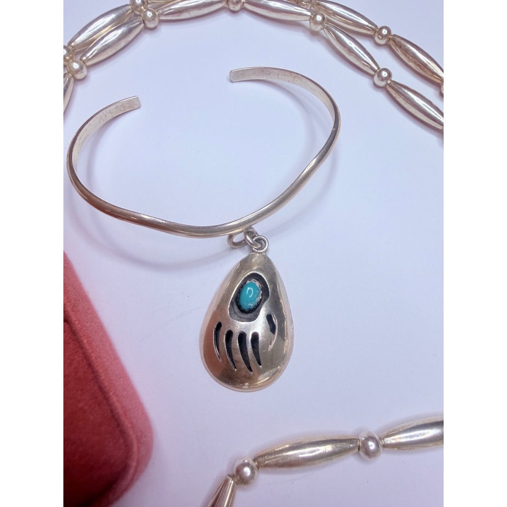 Lloyd Nelson Navajo Sterling Silver Turquoise Bear Paw Jewelry Set - Picture 3 of 14
